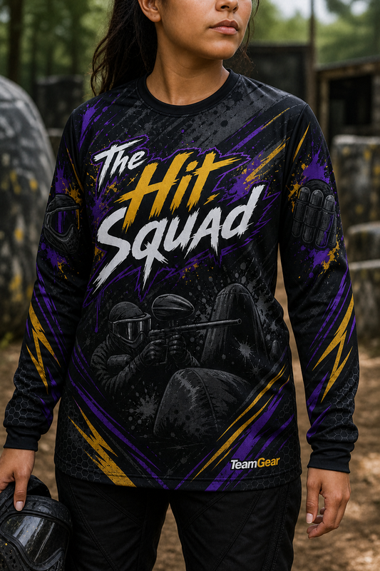 The Hit Squad Black Long Sleeve Paintball Jersey — custom paintball jersey worn on model — TeamGear Canada