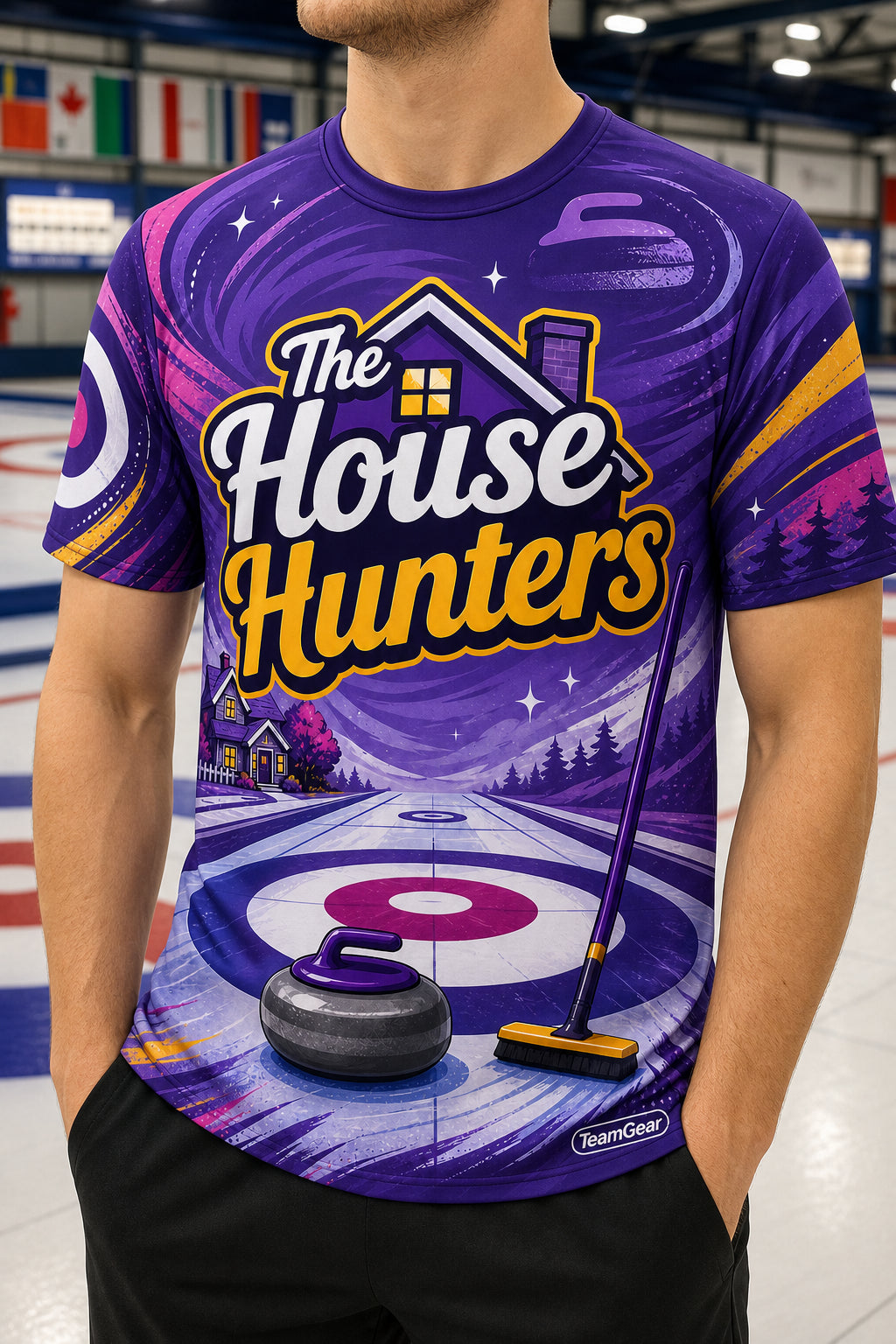 The House Hunters Purple Curling Jersey — custom curling jersey worn on model — TeamGear Canada