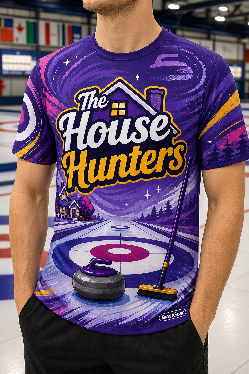 The House Hunters Purple Curling Jersey — custom curling jersey worn on model — TeamGear Canada
