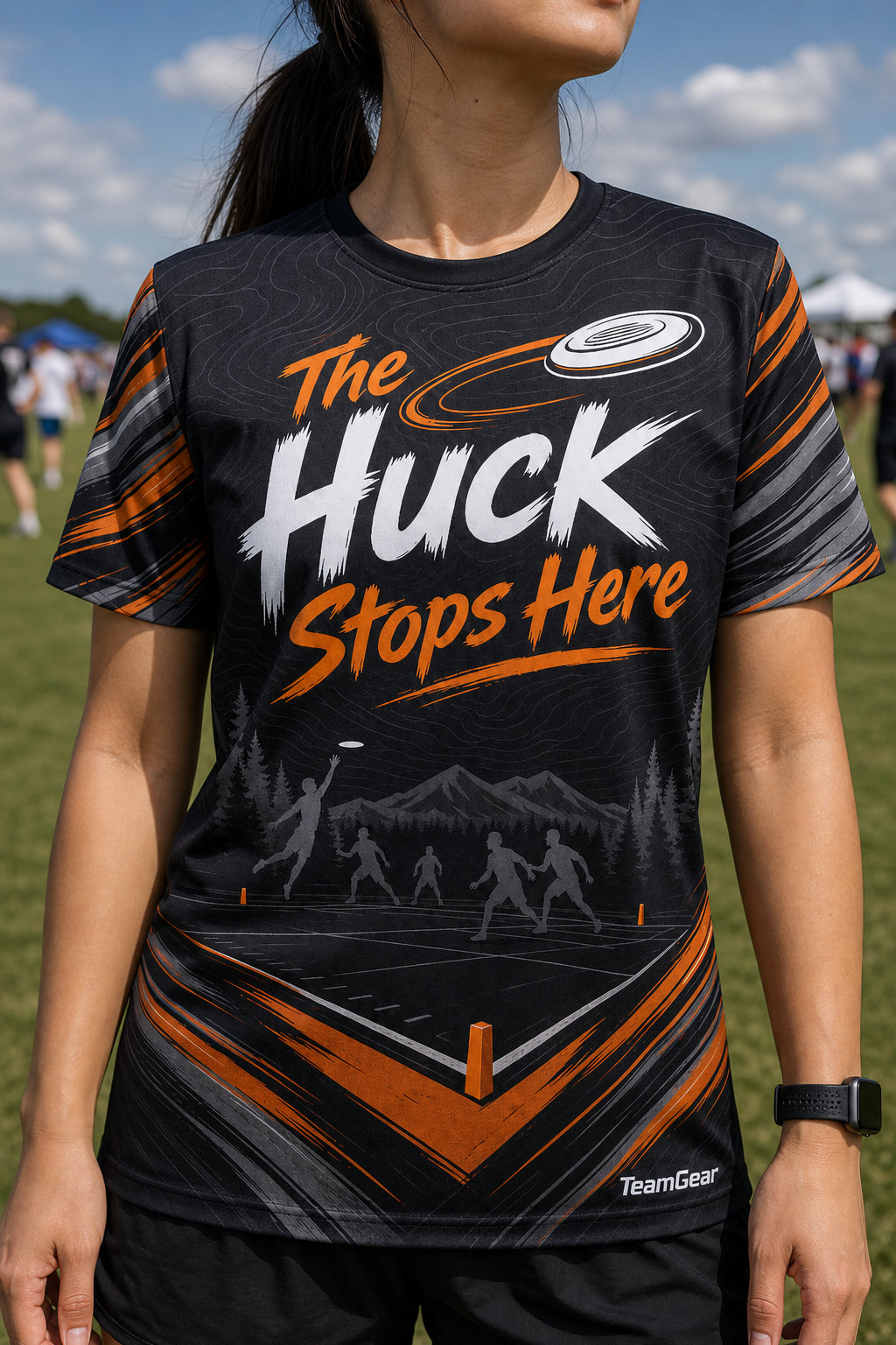The Huck Stops Here Black Ultimate Frisbee Jersey — custom ultimate frisbee jersey worn on model — TeamGear Canada