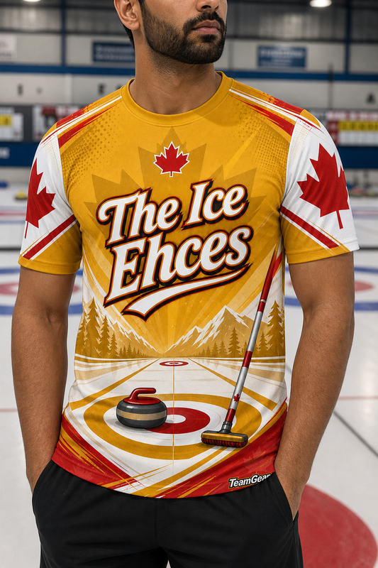 The Ice Ehces Gold Curling Jersey — custom curling jersey worn on model — TeamGear Canada