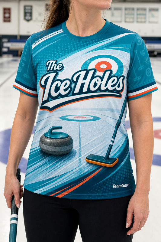 The Ice Holes Teal Curling Jersey — custom curling jersey worn on model — TeamGear Canada