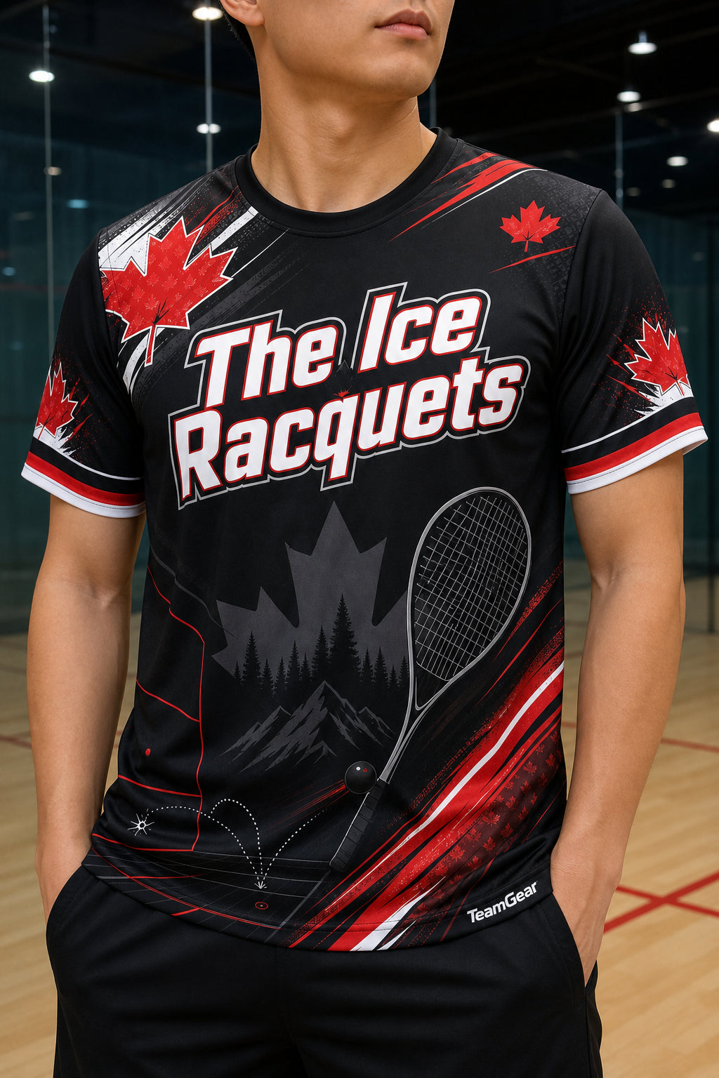 The Ice Racquets Black Squash Jersey — custom squash jersey worn on model — TeamGear Canada