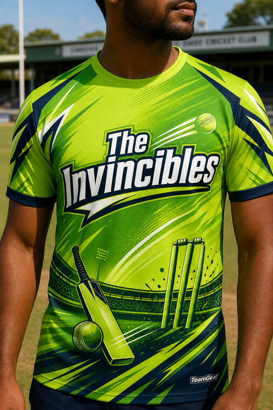 The Invincibles Lime Cricket Jersey — custom cricket jersey worn on model — TeamGear Canada