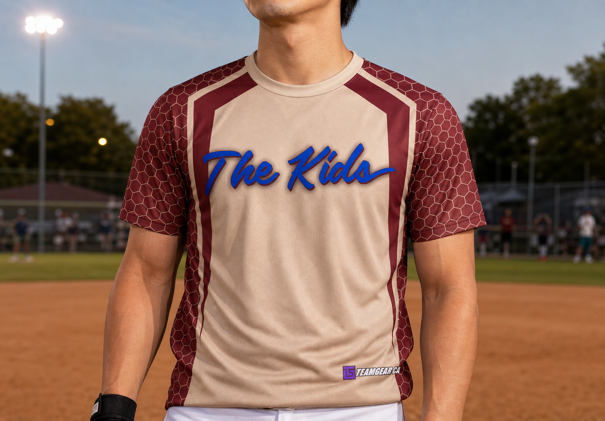 The Kids Softball Jersey — custom softball jersey worn on model — TeamGear Canada