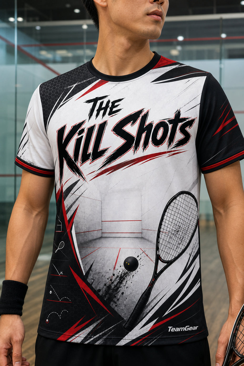 The Kill Shots White Squash Jersey — custom squash jersey worn on model — TeamGear Canada