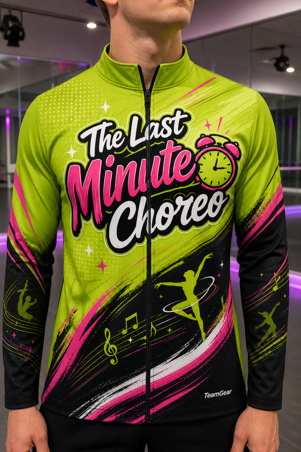 The Last Minute Choreo Lime Dance Jacket — custom dance jacket worn on model — TeamGear Canada