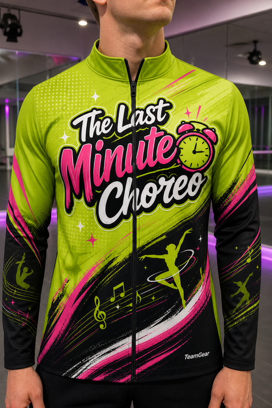 The Last Minute Choreo Lime Dance Jacket — custom dance jacket worn on model — TeamGear Canada