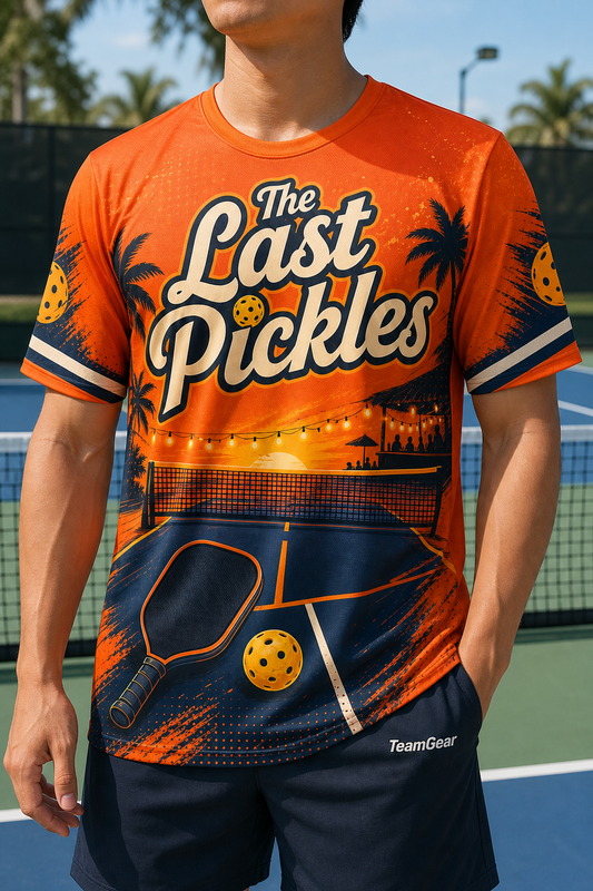 The Last Pickles Orange Pickleball Jersey — custom pickleball jersey worn on model — TeamGear Canada