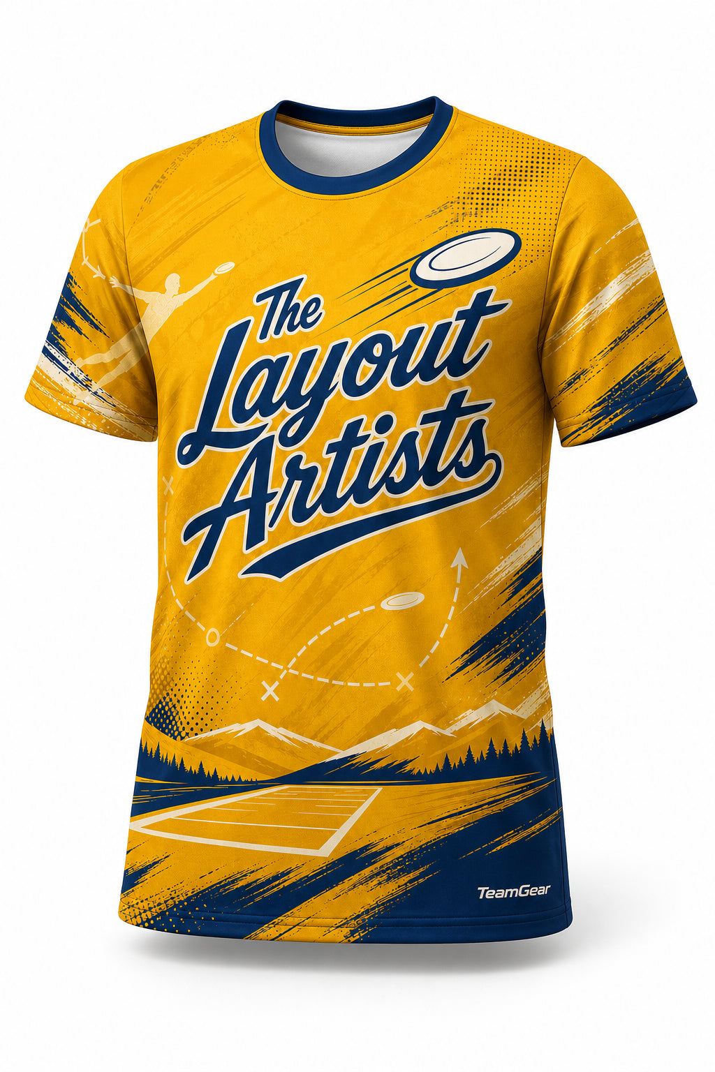 The Layout Artists Gold Ultimate Frisbee Jersey - front and back view