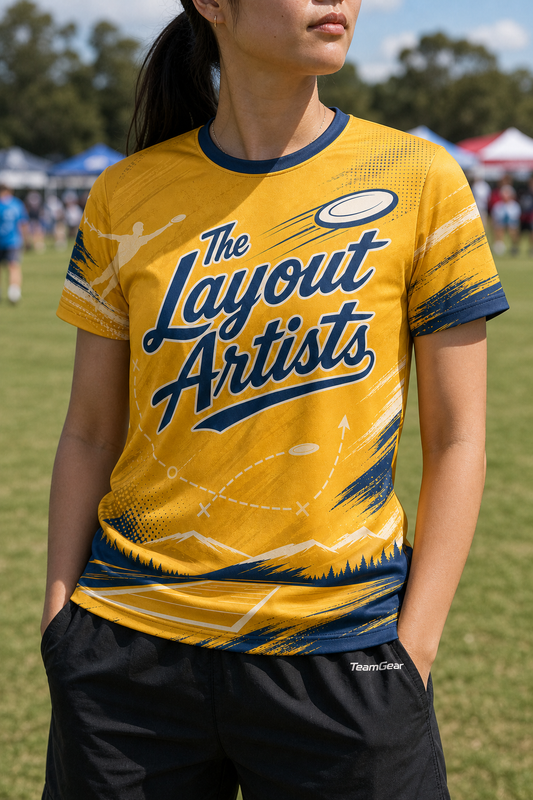 The Layout Artists Gold Ultimate Frisbee Jersey — custom ultimate frisbee jersey worn on model — TeamGear Canada
