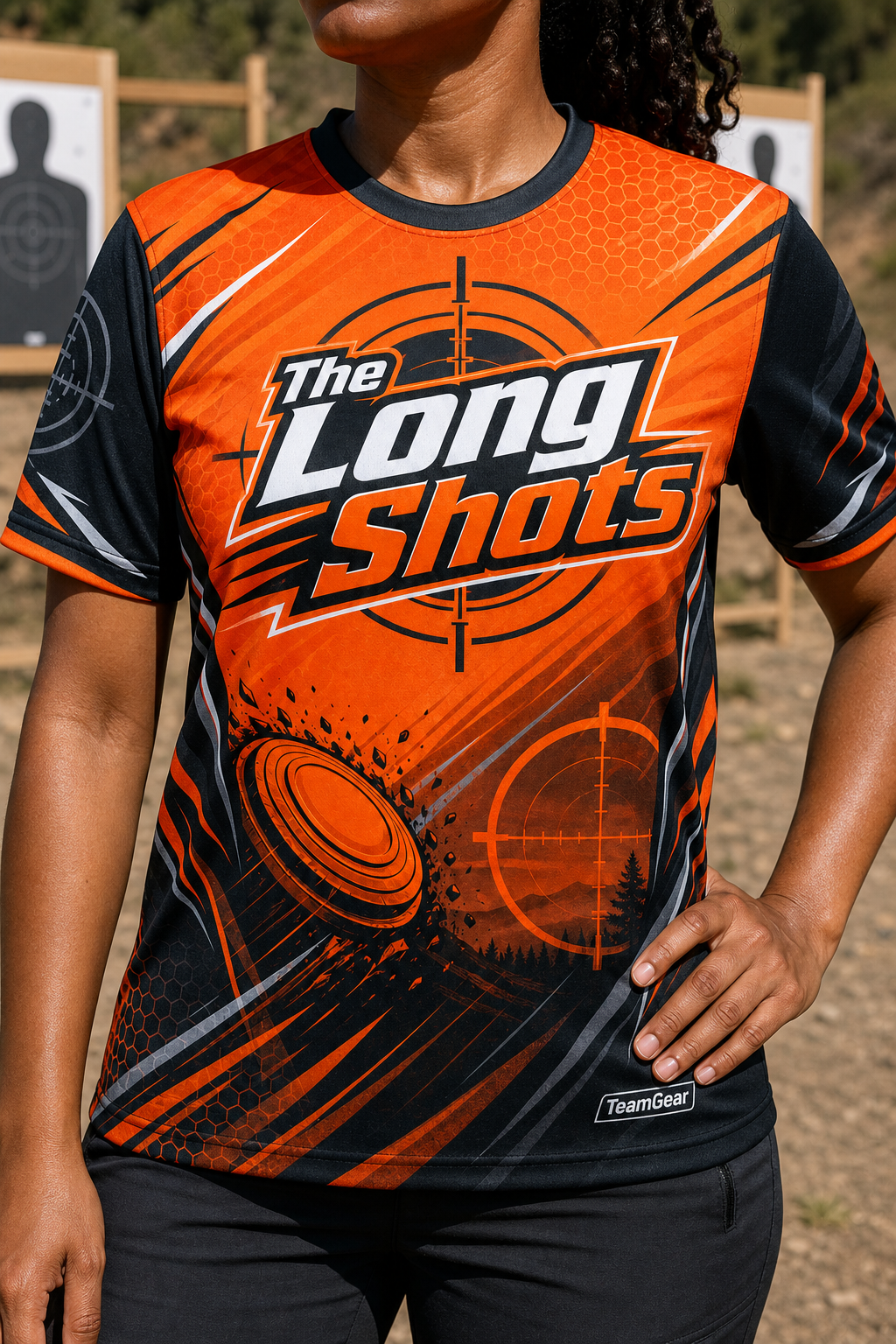 The Long Shots Orange Shooting Jersey — custom shooting jersey worn on model — TeamGear Canada