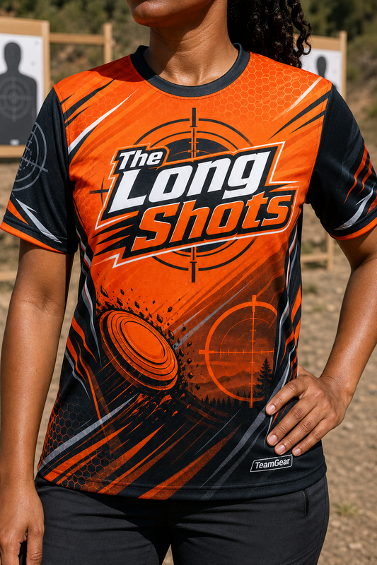 The Long Shots Orange Shooting Jersey — custom shooting jersey worn on model — TeamGear Canada