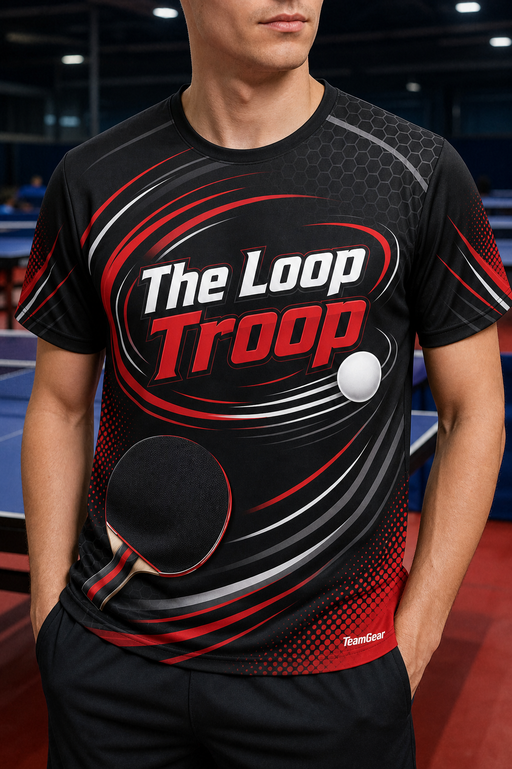 The Loop Troop Black Table Tennis Jersey — custom table tennis jersey worn on model — TeamGear Canada