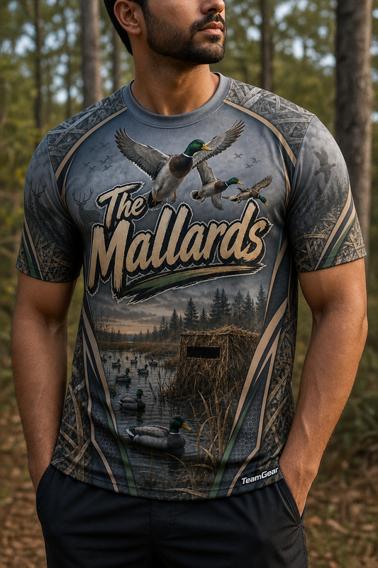 The Mallards Grey Hunting Jersey — custom hunting jersey worn on model — TeamGear Canada