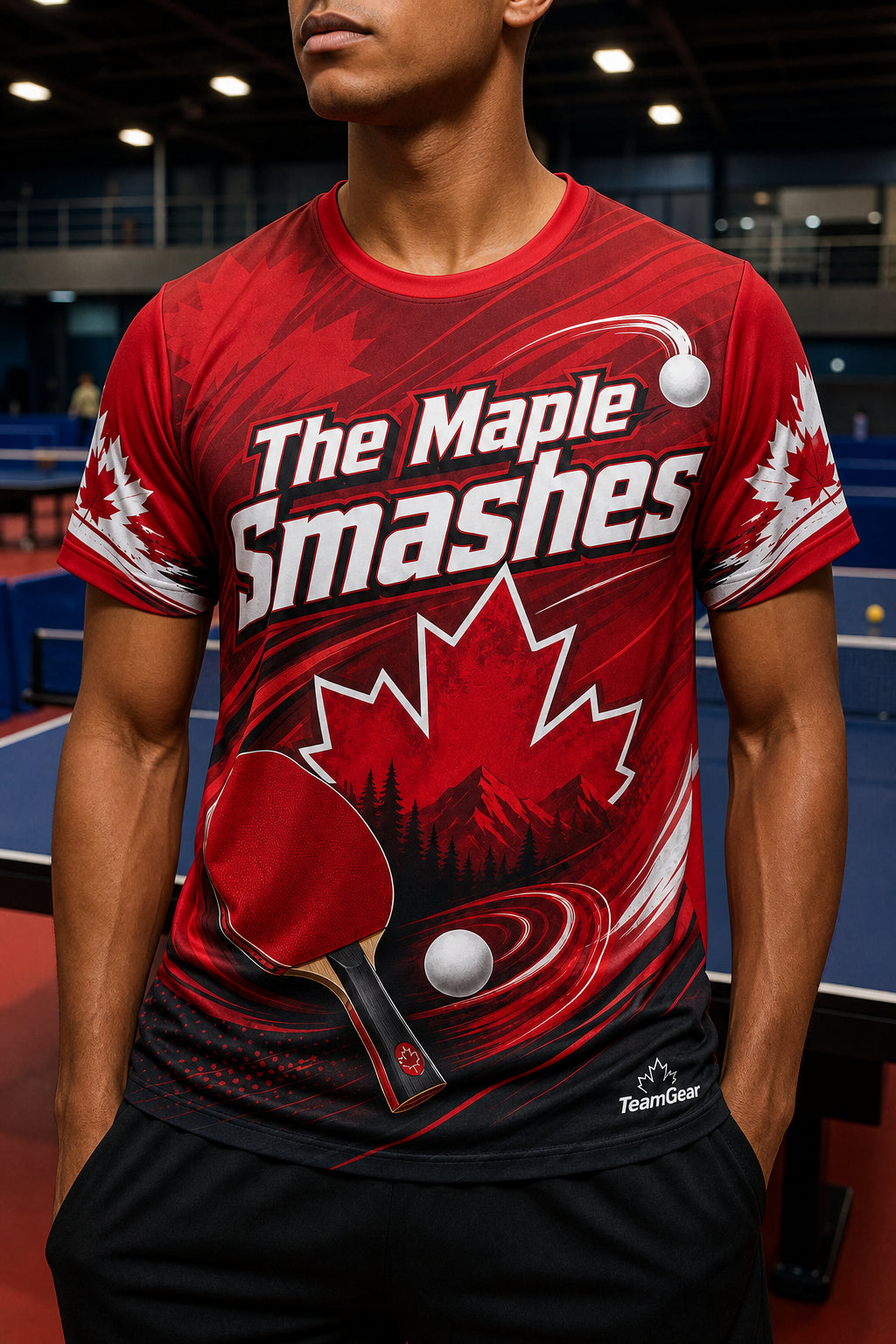 The Maple Smashes Crimson Table Tennis Jersey — custom table tennis jersey worn on model — TeamGear Canada