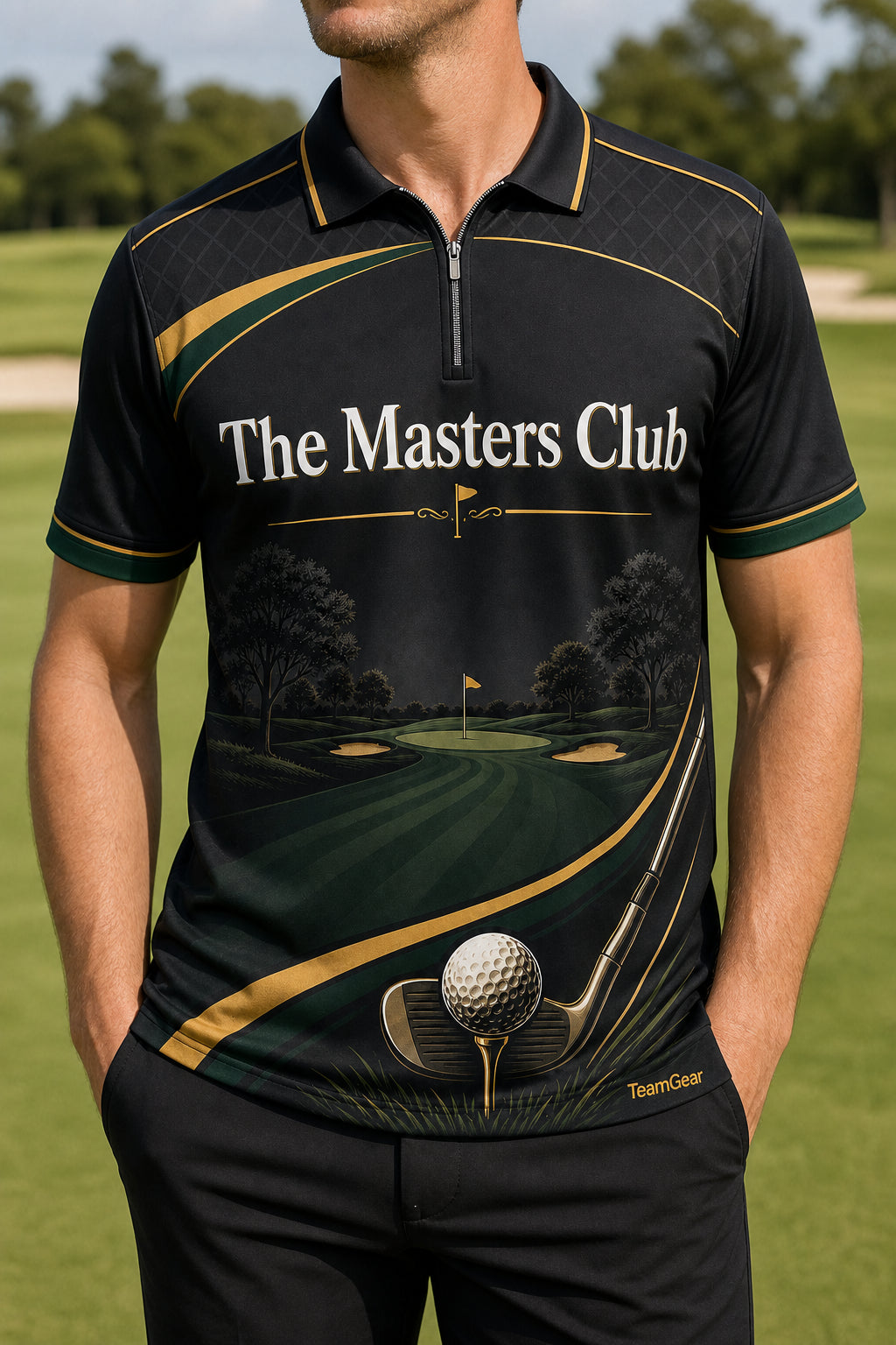 The Masters Club Black Golf Polo — custom golf team apparel worn on model — TeamGear Canada