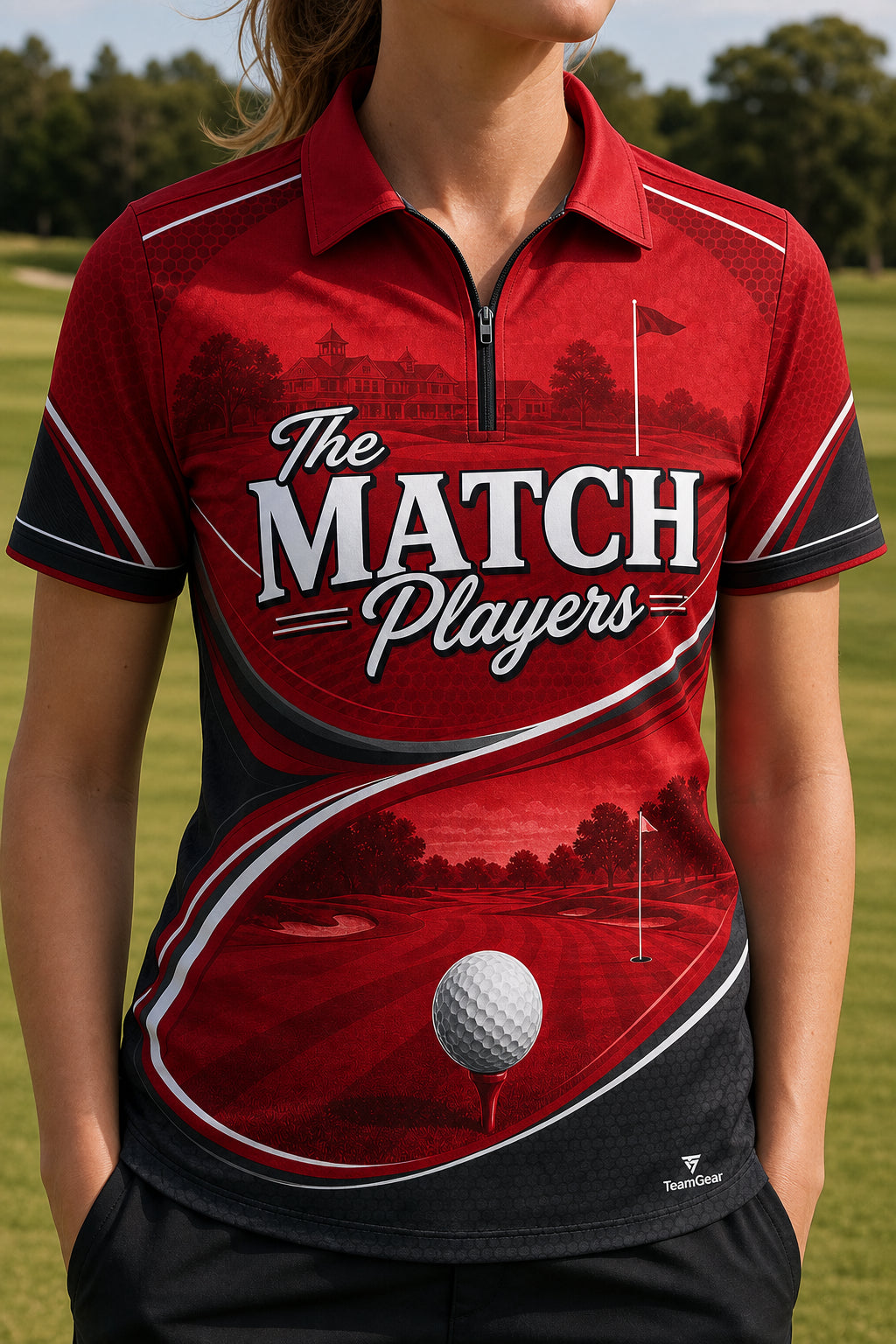 The Match Players Red Golf Polo — custom golf team apparel worn on model — TeamGear Canada