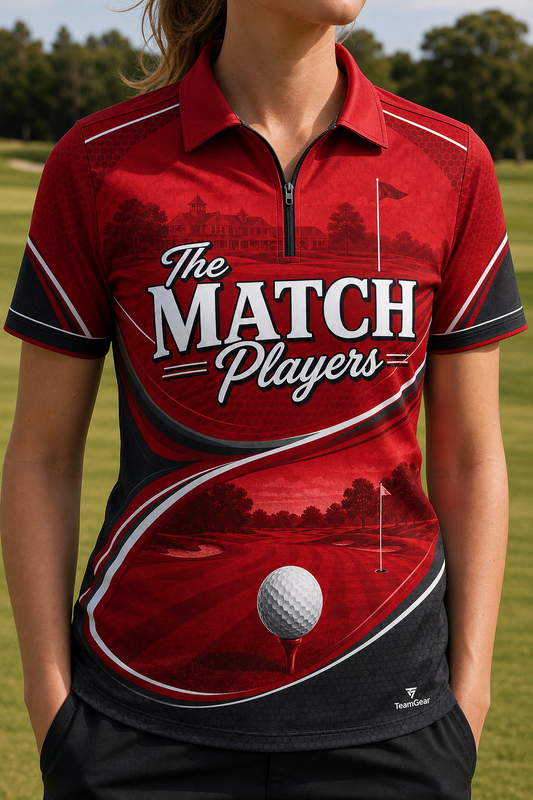 The Match Players Red Golf Polo — custom golf team apparel worn on model — TeamGear Canada
