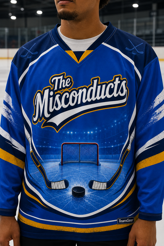 The Misconducts Blue Hockey Jersey — custom hockey jersey worn on model — TeamGear Canada