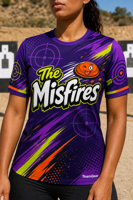 The Misfires Purple Shooting Jersey — custom shooting jersey worn on model — TeamGear Canada