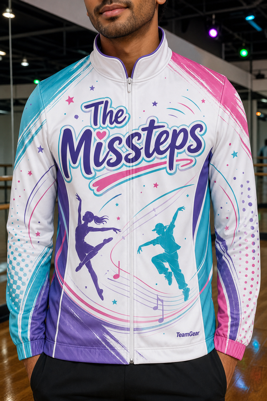 The Missteps White Dance Jacket — custom dance jacket worn on model — TeamGear Canada