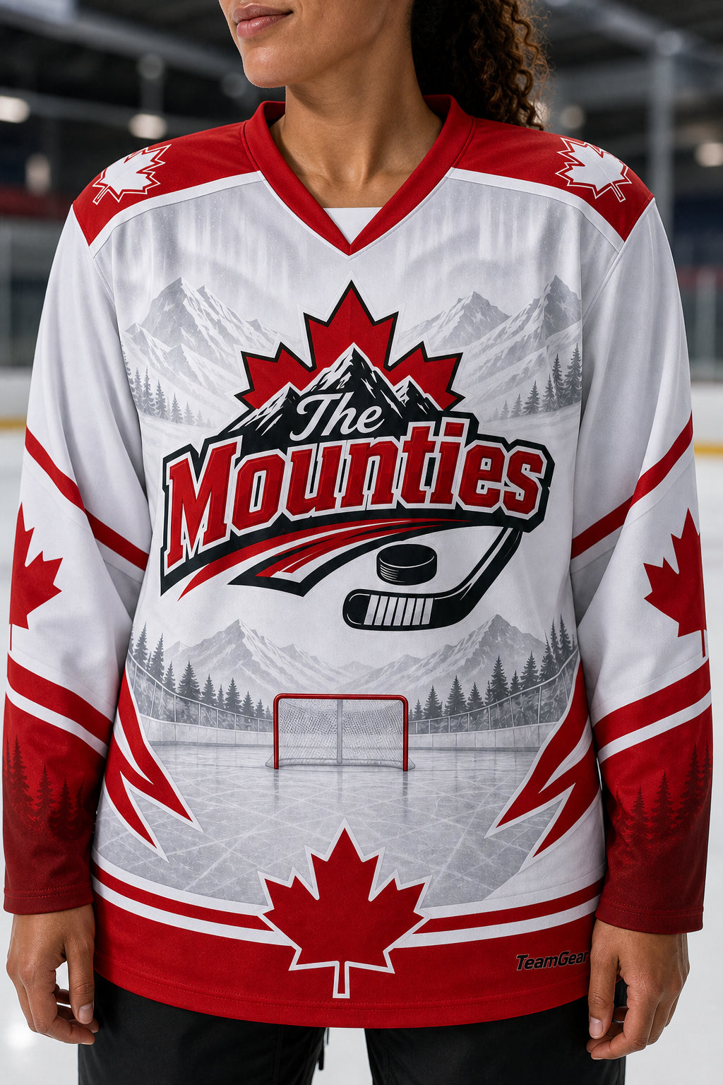 The Mounties White Hockey Jersey — custom hockey jersey worn on model — TeamGear Canada