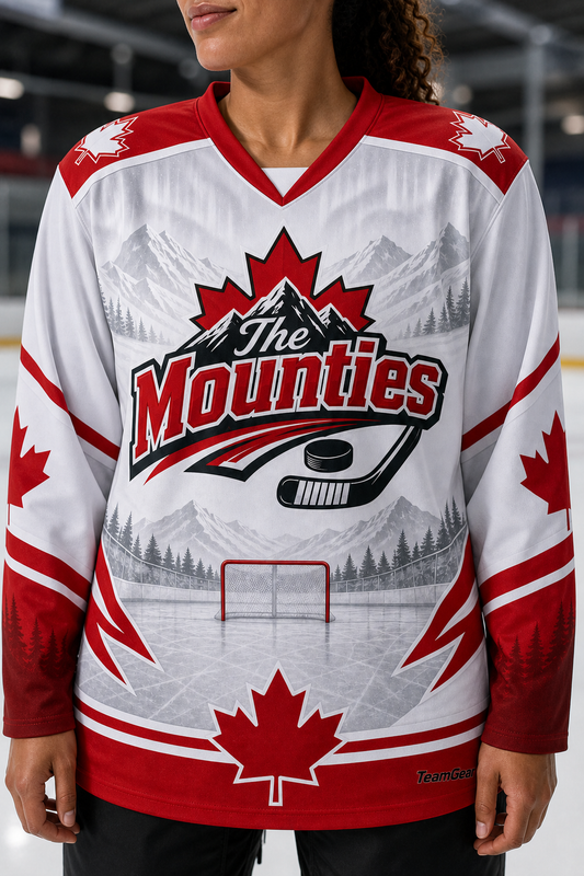 The Mounties White Hockey Jersey — custom hockey jersey worn on model — TeamGear Canada