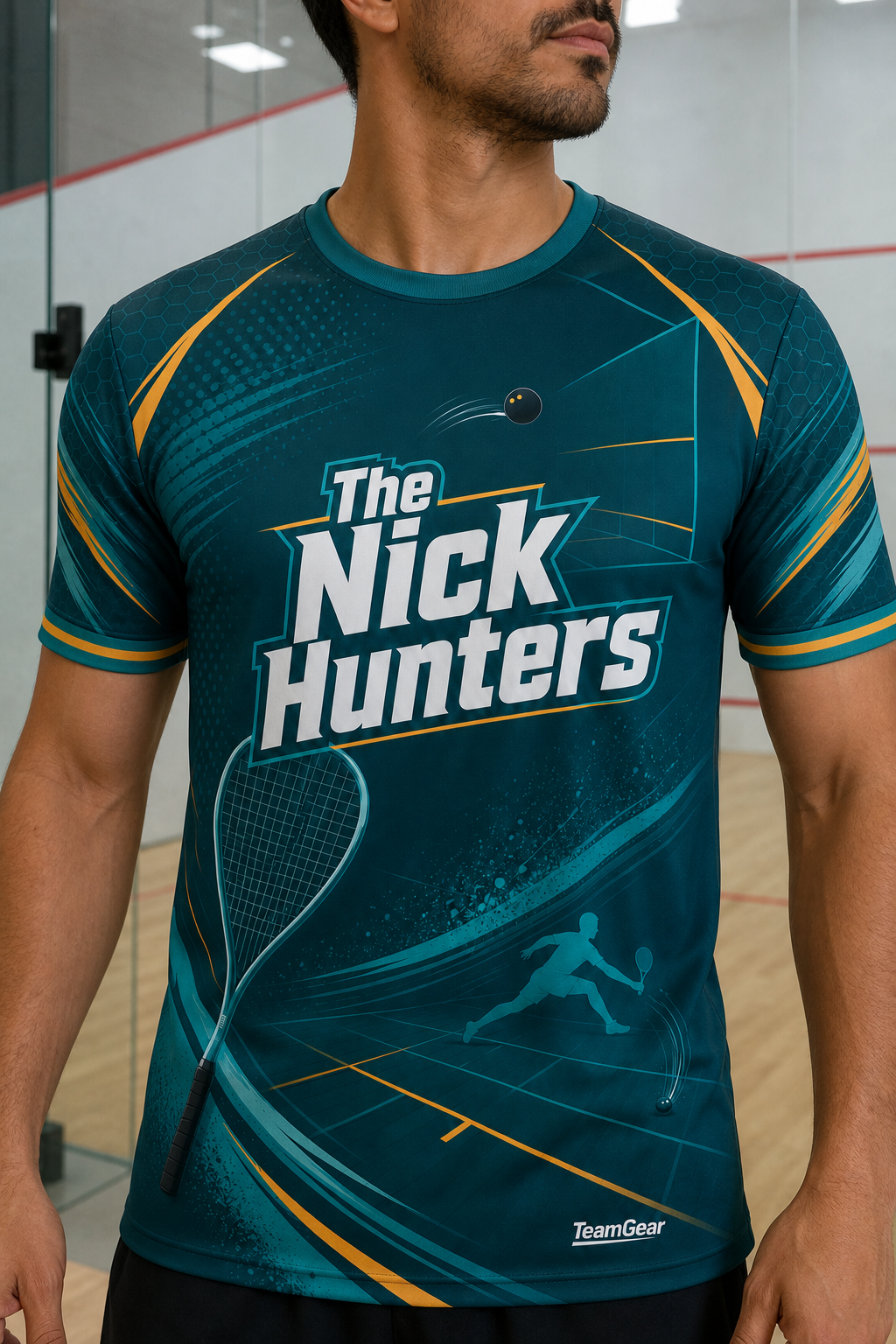 The Nick Hunters Teal Squash Jersey — custom squash jersey worn on model — TeamGear Canada