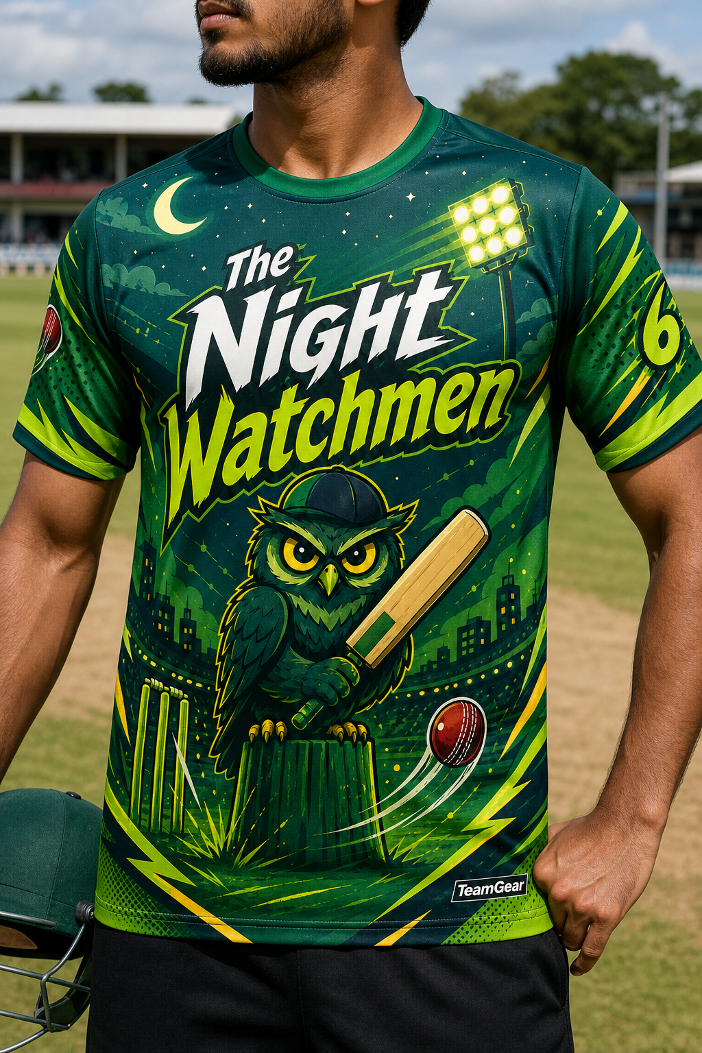 The Night Watchmen Green Cricket Jersey — custom cricket jersey worn on model — TeamGear Canada