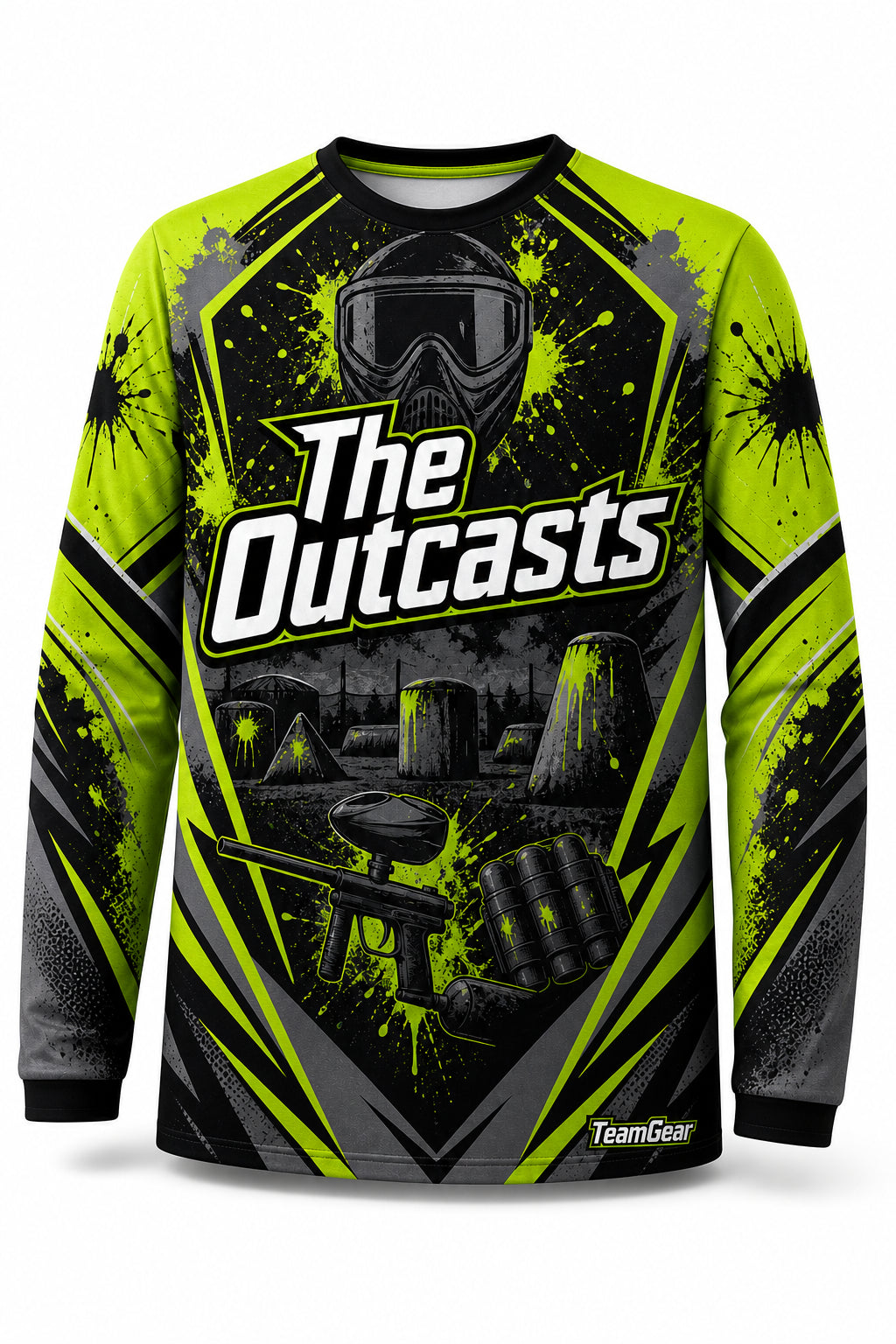 The Outcasts Lime Long Sleeve Paintball Jersey - front and back view