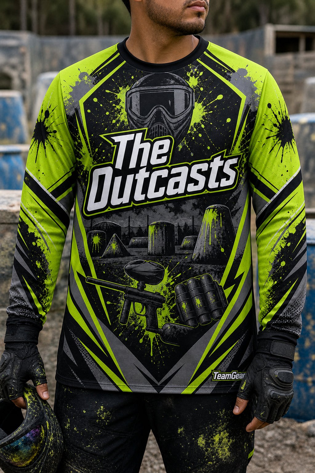 The Outcasts Lime Long Sleeve Paintball Jersey — custom paintball jersey worn on model — TeamGear Canada