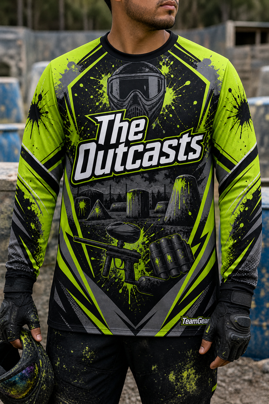 The Outcasts Lime Long Sleeve Paintball Jersey — custom paintball jersey worn on model — TeamGear Canada