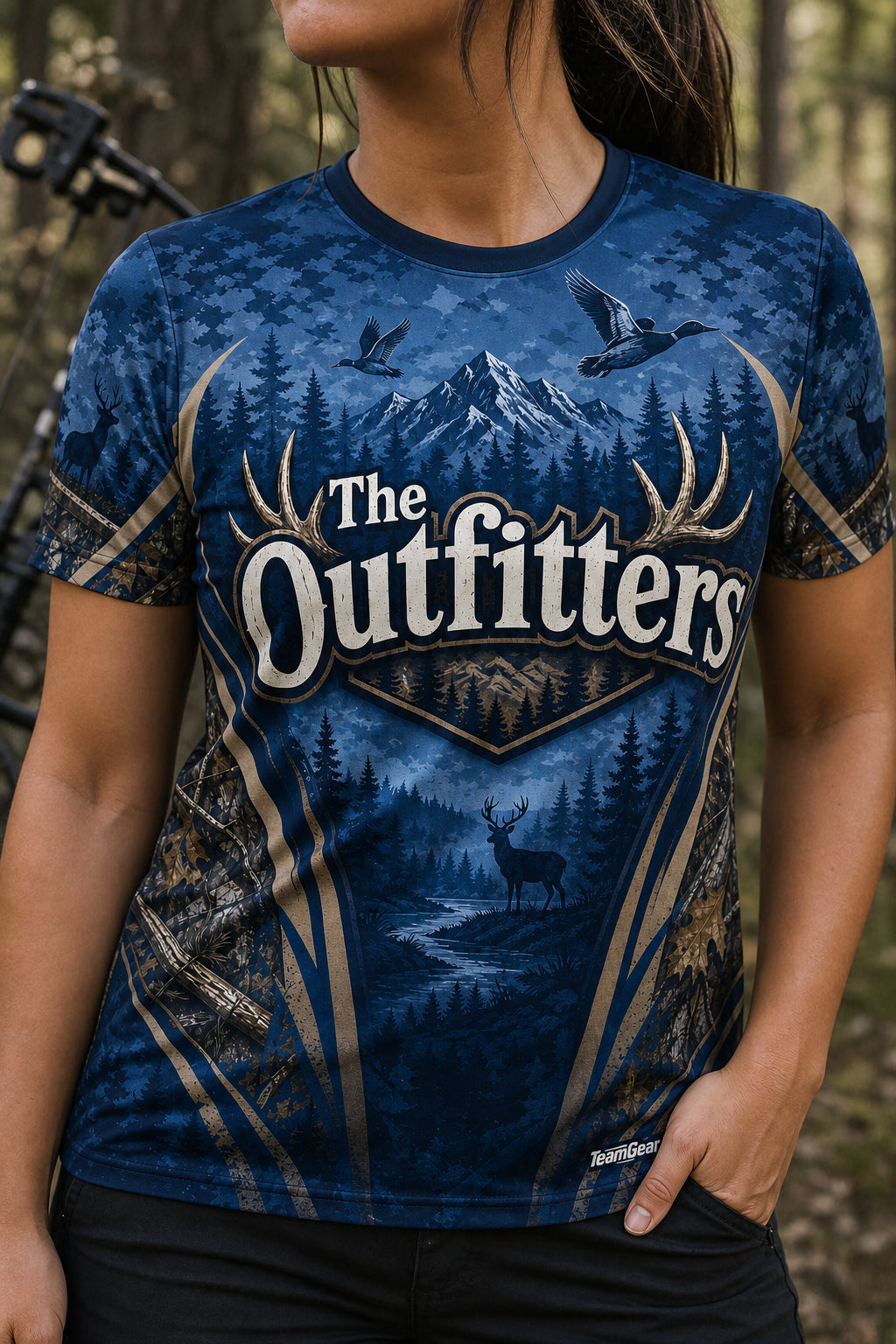 The Outfitters Blue Hunting Jersey — custom hunting jersey worn on model — TeamGear Canada