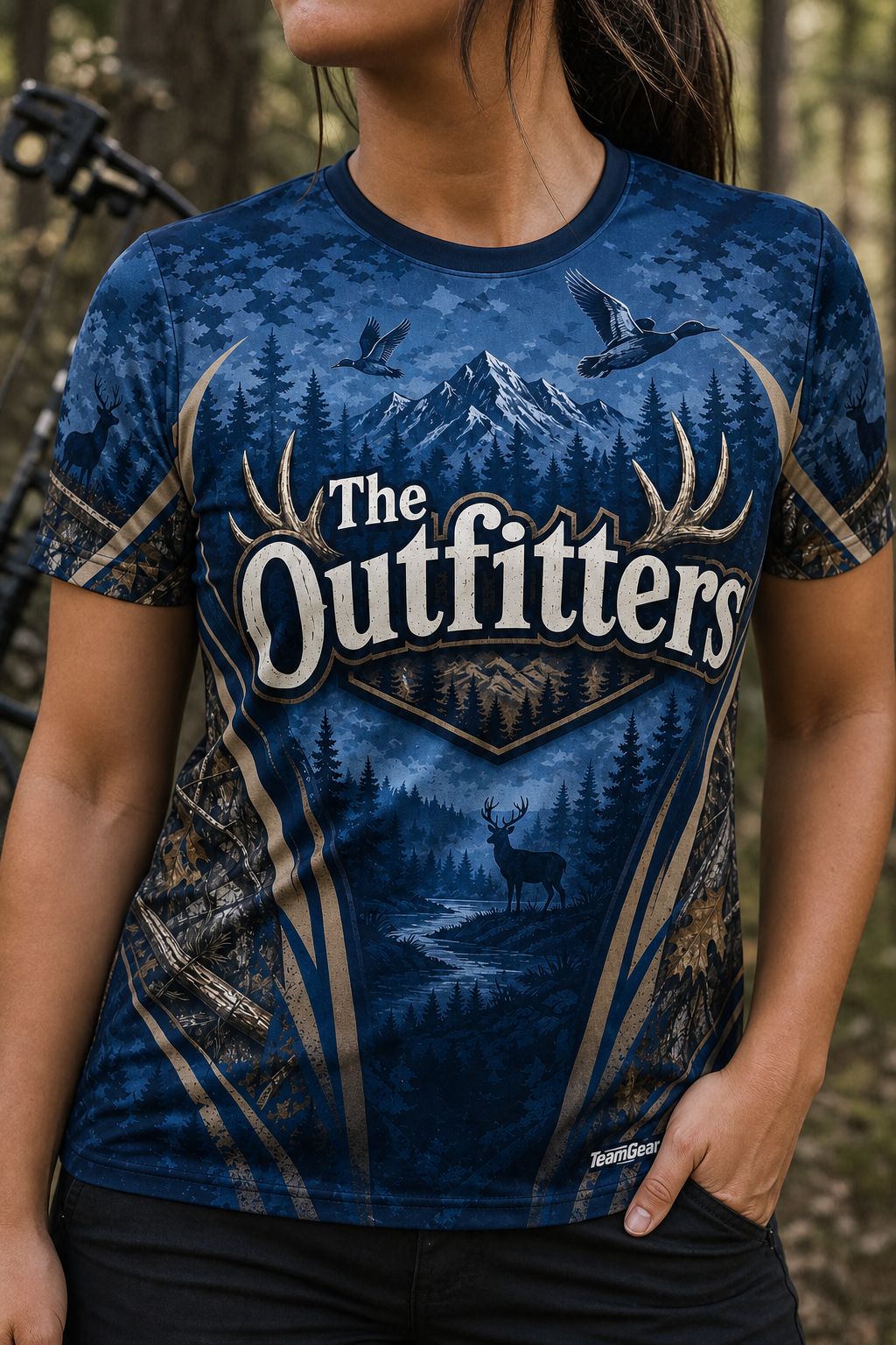 The Outfitters Blue Hunting Jersey — custom hunting jersey worn on model — TeamGear Canada