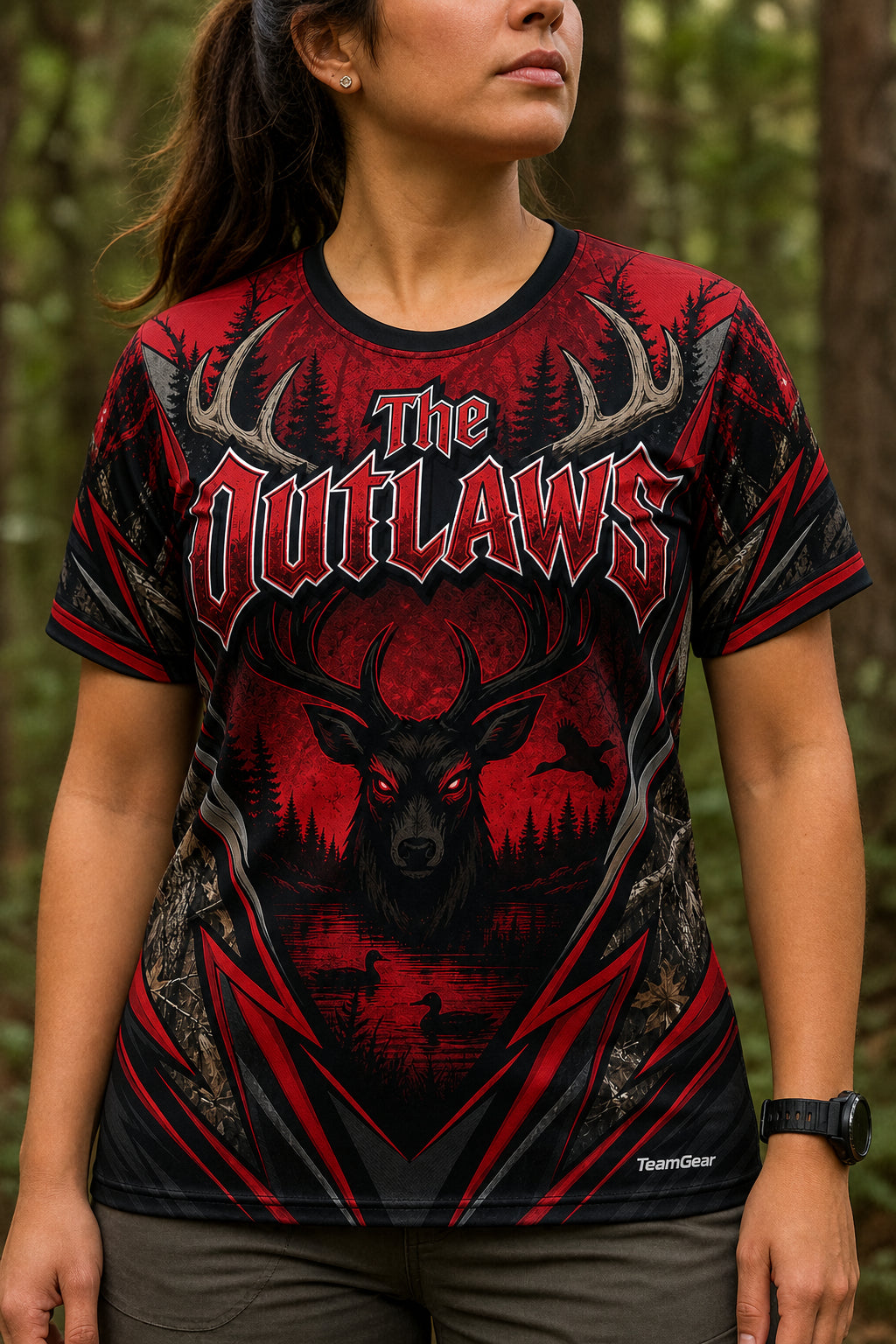 The Outlaws Red Hunting Jersey — custom hunting jersey worn on model — TeamGear Canada