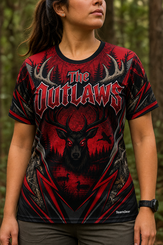 The Outlaws Red Hunting Jersey — custom hunting jersey worn on model — TeamGear Canada