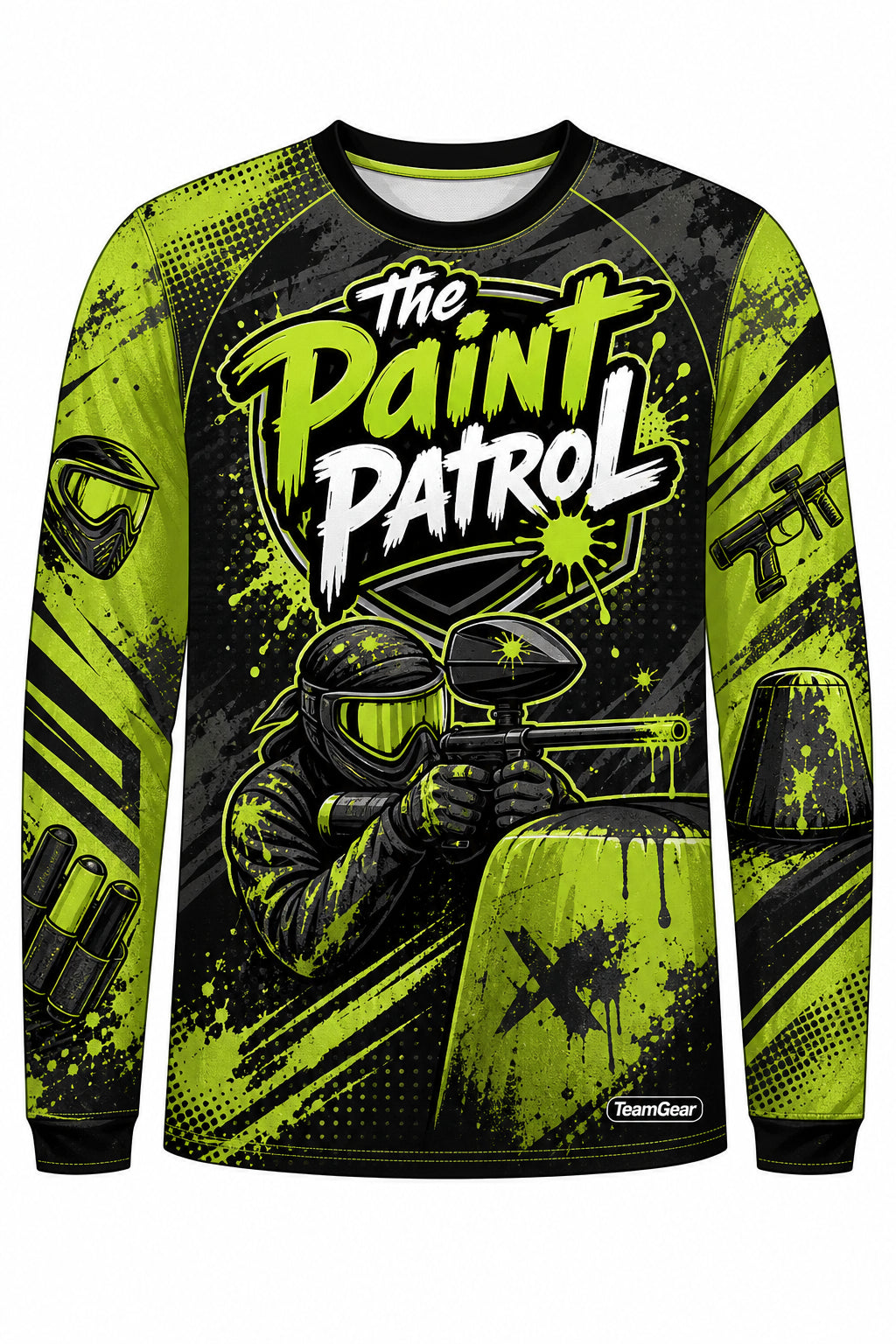 The Paint Patrol Lime Long Sleeve Paintball Jersey design