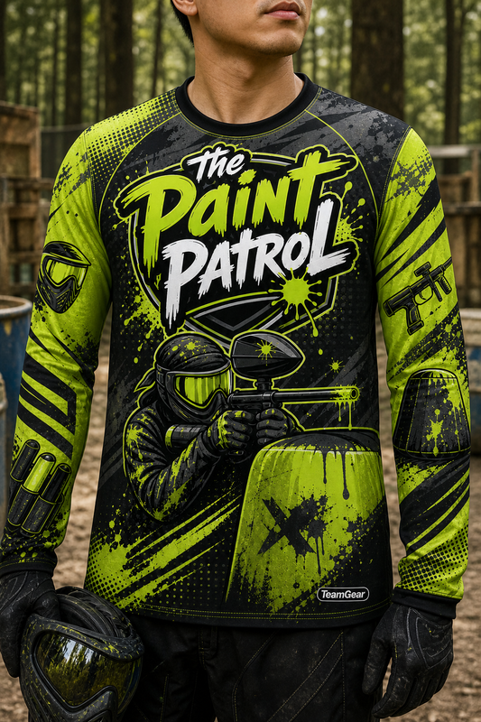 The Paint Patrol Lime Long Sleeve Paintball Jersey — custom paintball jersey worn on model — TeamGear Canada