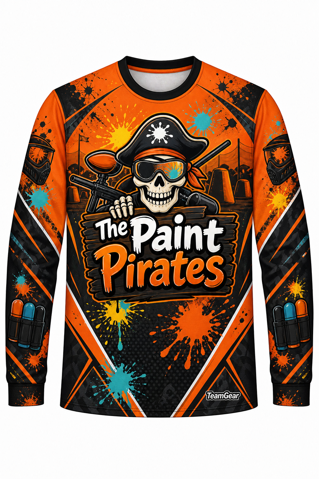 The Paint Pirates Orange Long Sleeve Paintball Jersey design