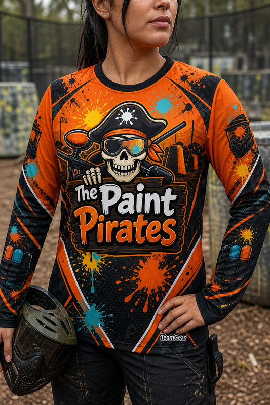 The Paint Pirates Orange Long Sleeve Paintball Jersey — custom paintball jersey worn on model — TeamGear Canada