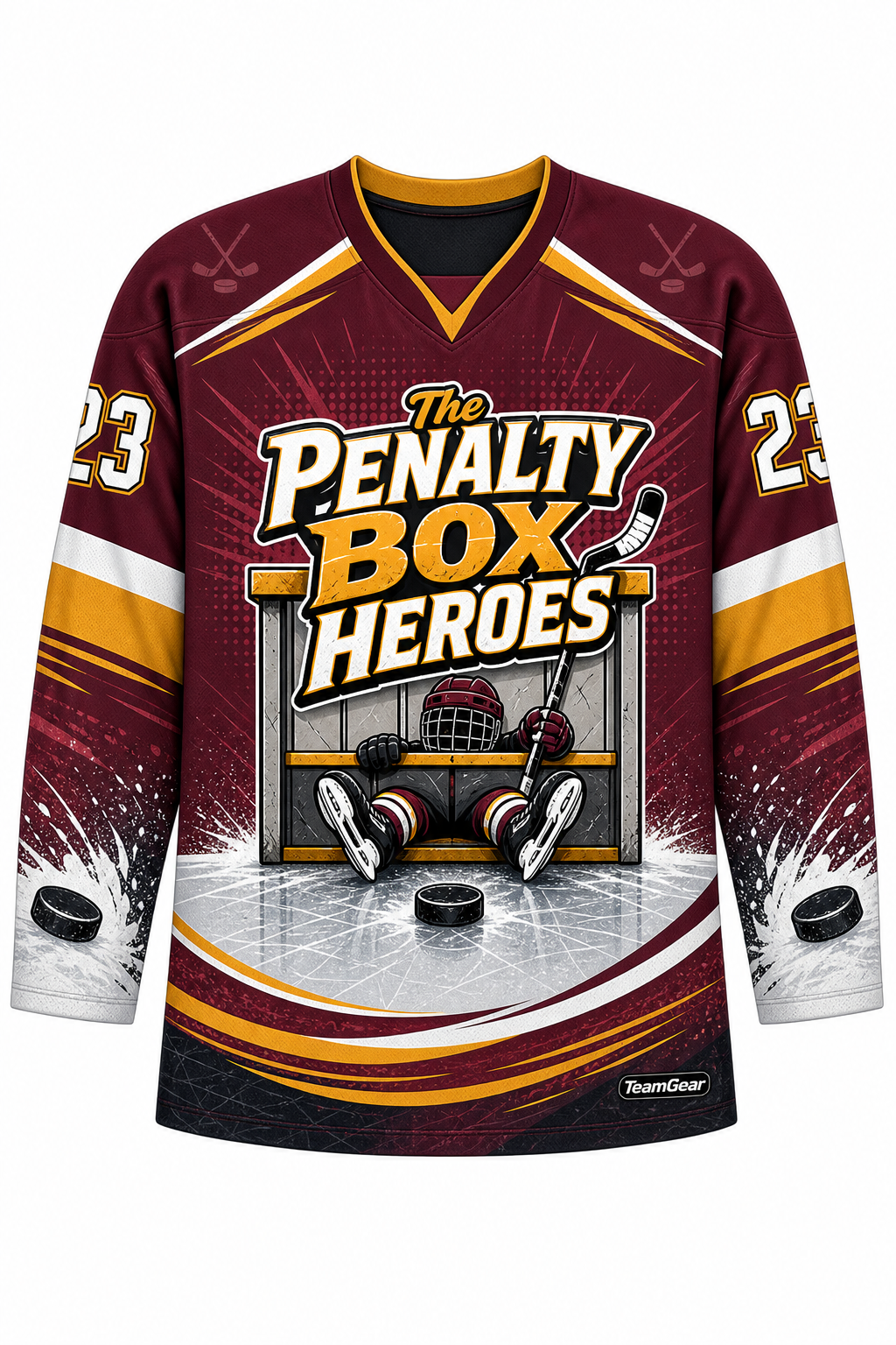 The Penalty Box Heroes Maroon Hockey Jersey design