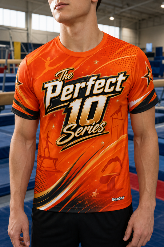 The Perfect 10 Series Orange Gymnastics Jersey — custom gymnastics jersey worn on model — TeamGear Canada