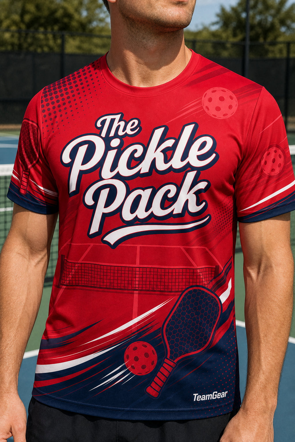 The Pickle Pack Crimson Pickleball Jersey — custom pickleball jersey worn on model — TeamGear Canada
