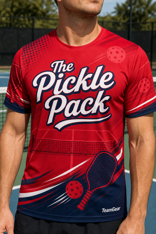 The Pickle Pack Crimson Pickleball Jersey — custom pickleball jersey worn on model — TeamGear Canada
