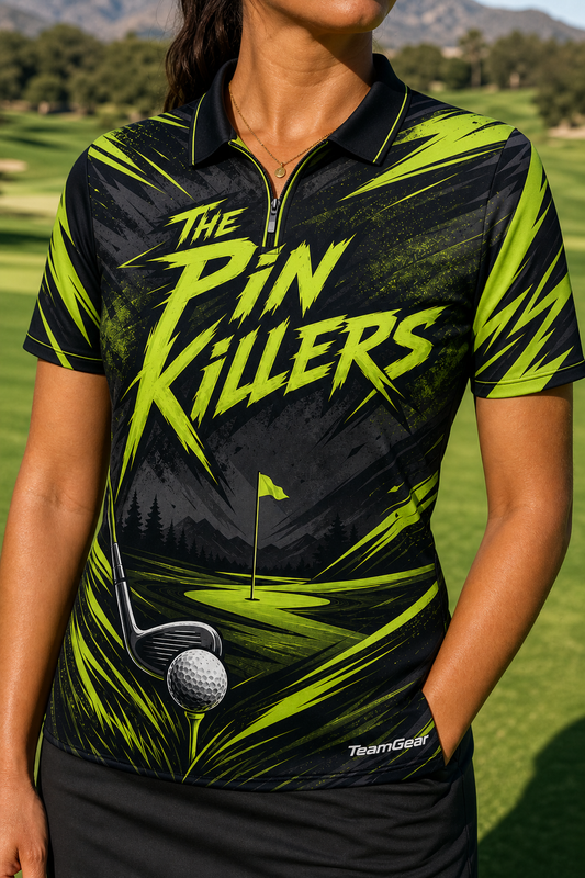 The Pin Killers Lime Golf Polo — custom golf team apparel worn on model — TeamGear Canada