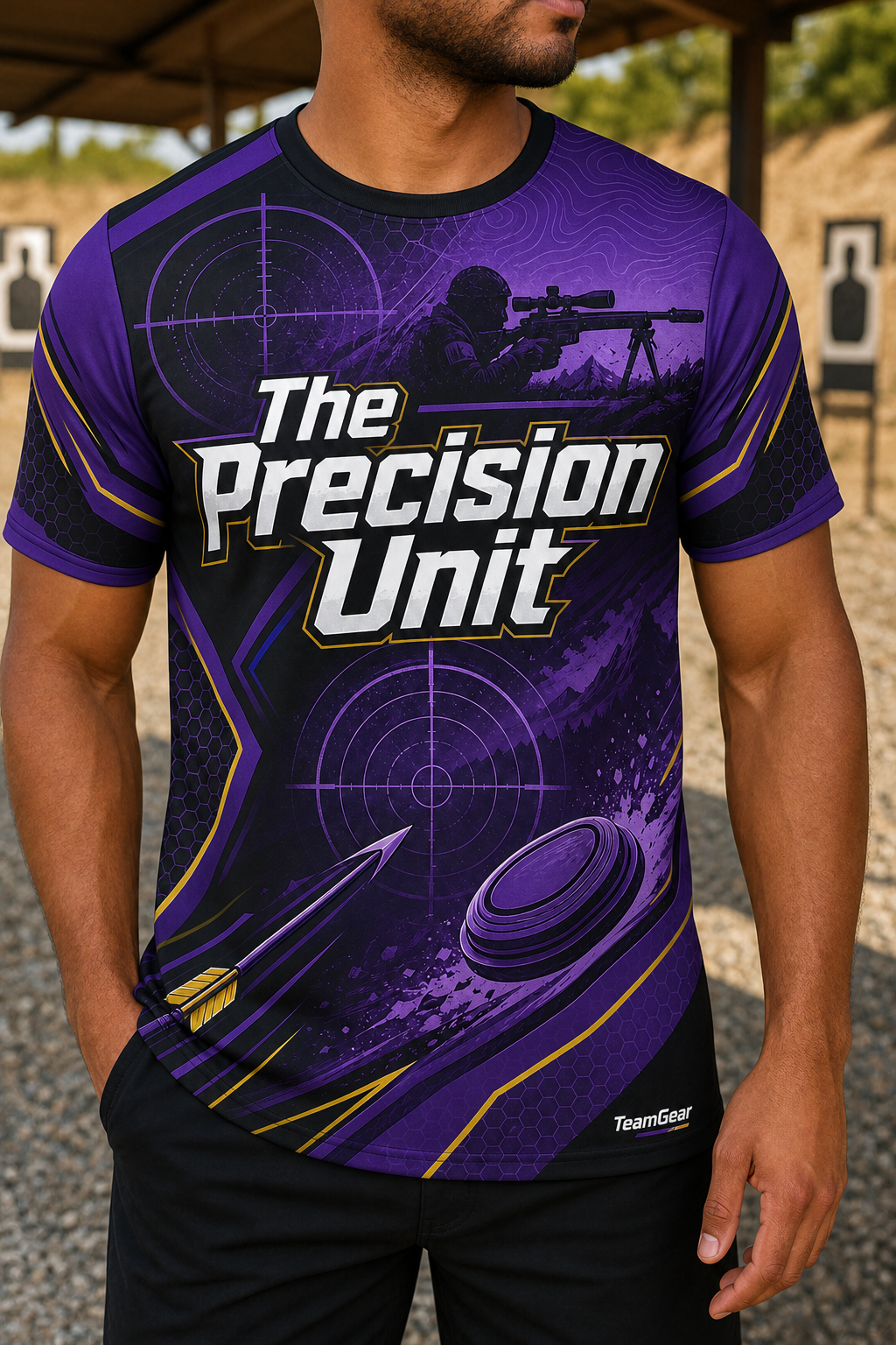 The Precision Unit Purple Shooting Jersey — custom shooting jersey worn on model — TeamGear Canada