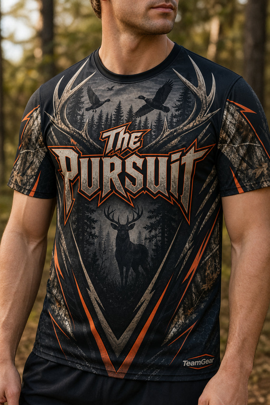 The Pursuit Black Hunting Jersey — custom hunting jersey worn on model — TeamGear Canada