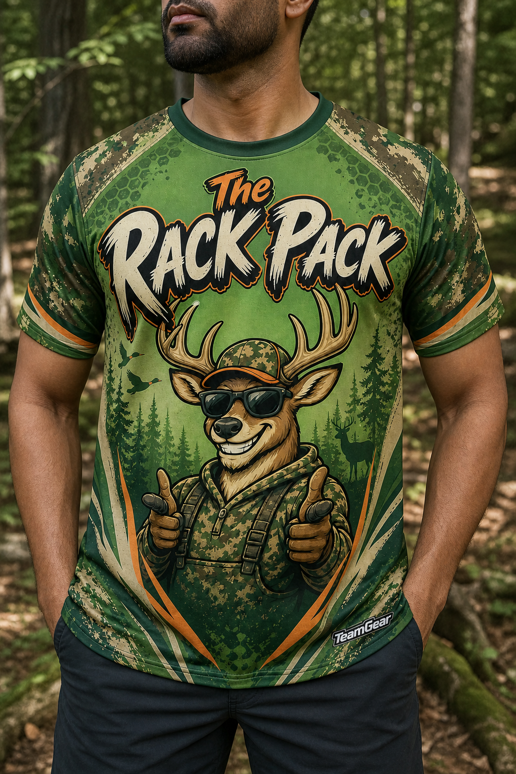 The Rack Pack Green Hunting Jersey — custom hunting jersey worn on model — TeamGear Canada
