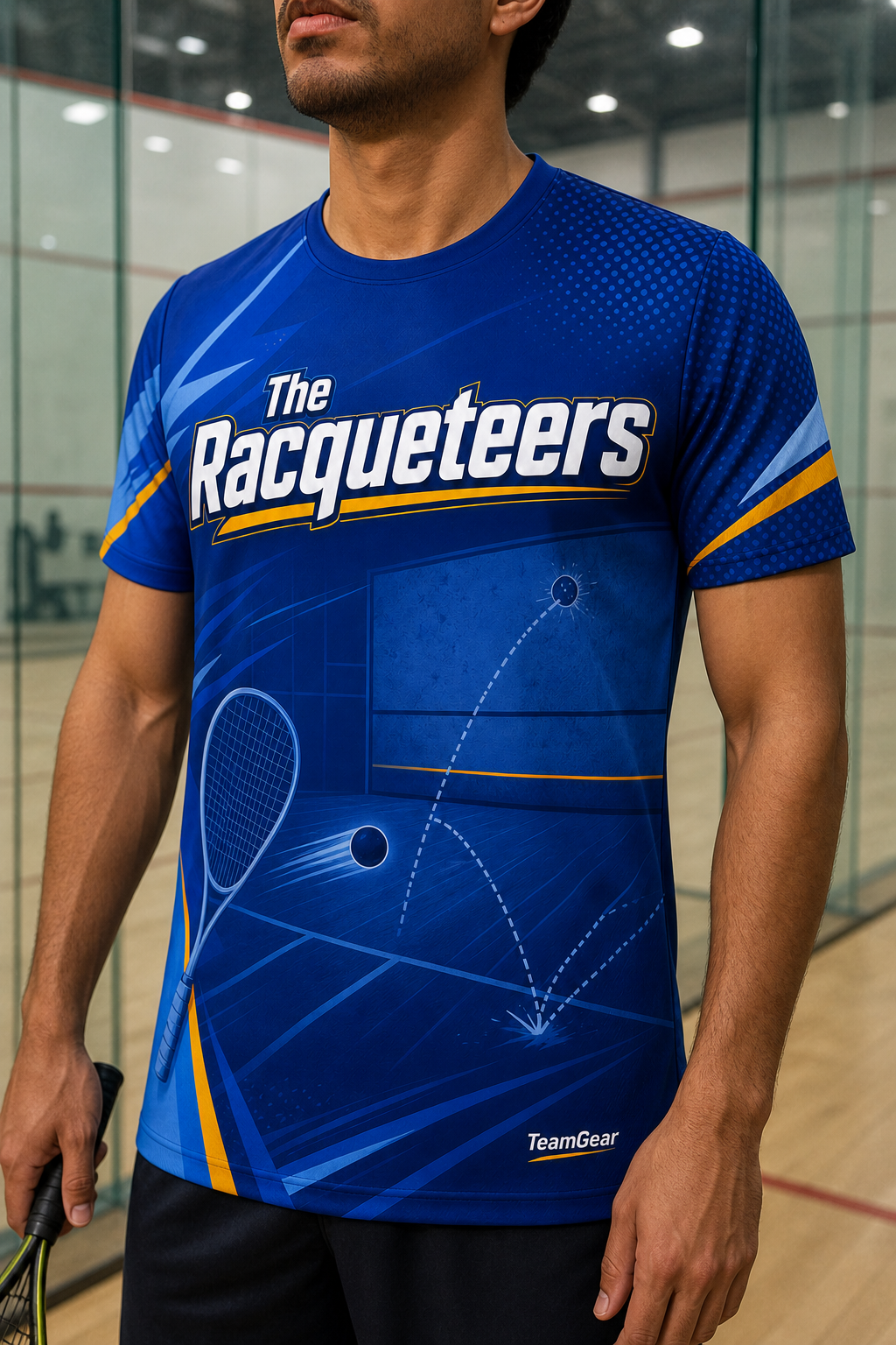 The Racqueteers Blue Squash Jersey — custom squash jersey worn on model — TeamGear Canada